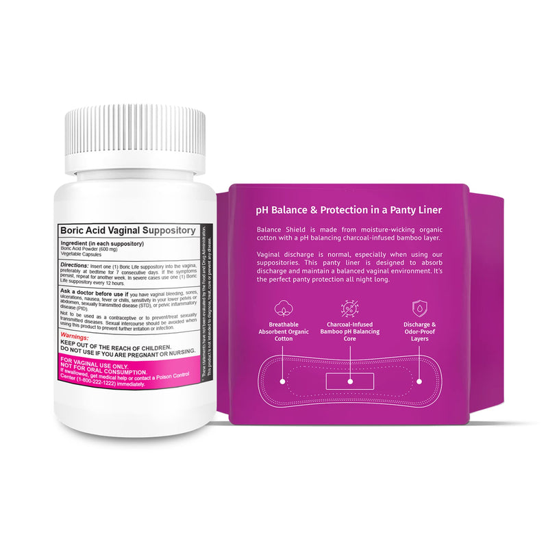 [Australia] - NutraBlast Boric Acid Vaginal Suppositories 600mg (30 Count) w/ Balance Shield Panty Liners (180mm, 20-Pack) | Discharge & Odor-Proof Layers | Charcoal-Infused Bamboo pH Balancing Core 