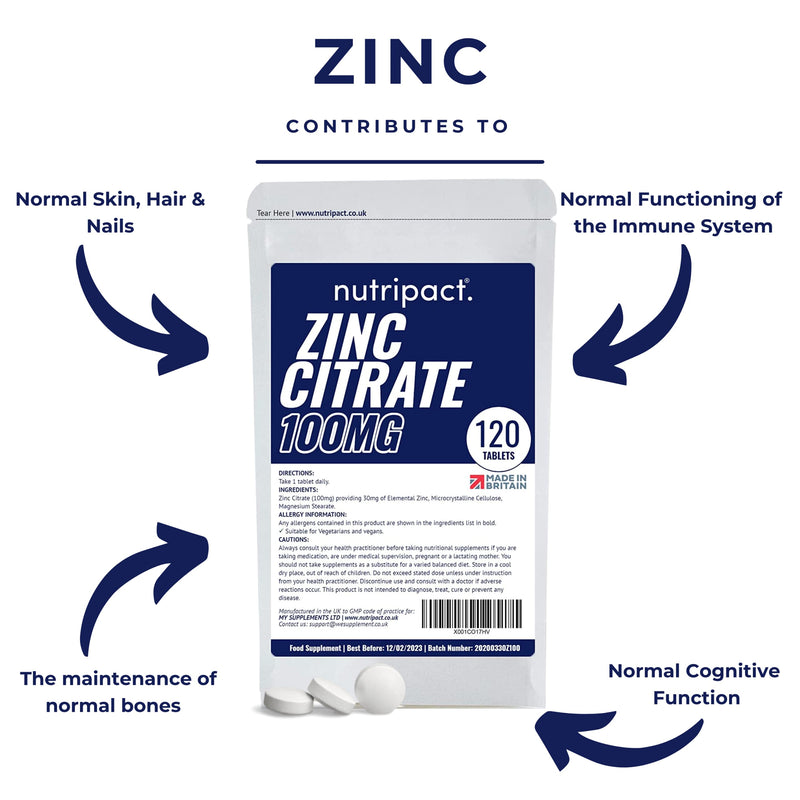 [Australia] - Zinc Citrate 100mg Max Strength Tablets - 120 Pack - 4 Month Supply - Providing 30mg of Elemental Zinc (300% NRV) per Tablet - Vegan - Mineral Supplement - UK Made to GMP Standard 