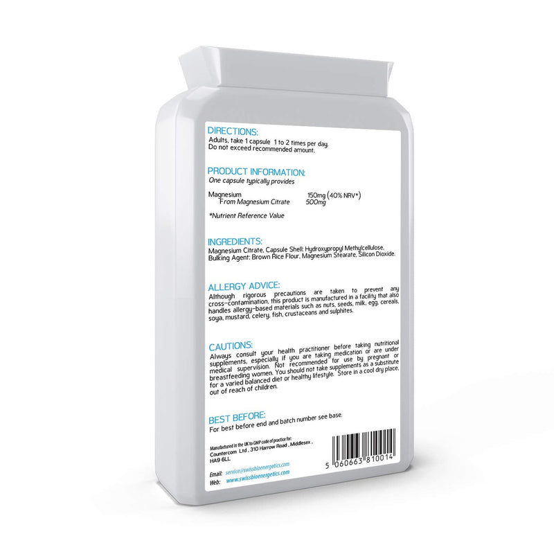 [Australia] - Magnesium Citrate 500mg 120 Capsules - Providing 150mg of Active Elemental Magnesium - High Potency - Easily Absorbable - Highly Bioavailable - UK Manufactured 