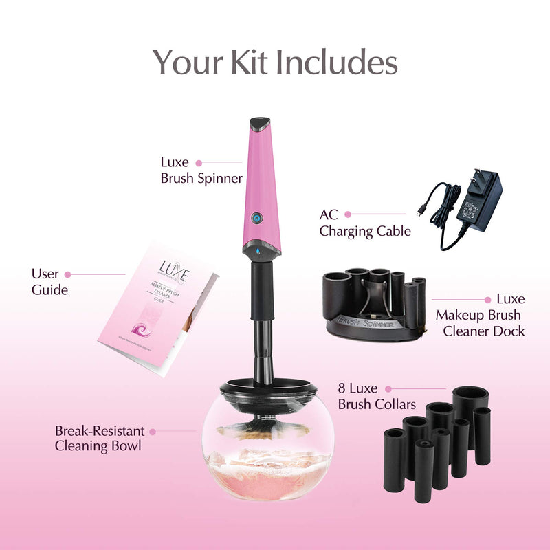 [Australia] - Luxe Electric Makeup Brush Cleaner | Includes Brush Spinner, Cleaner Dock, Brush Collars, Cleaning Bowl, AC Charging Cable, and User Guide | For Casual Makeup Users to Beauty Experts Pink 