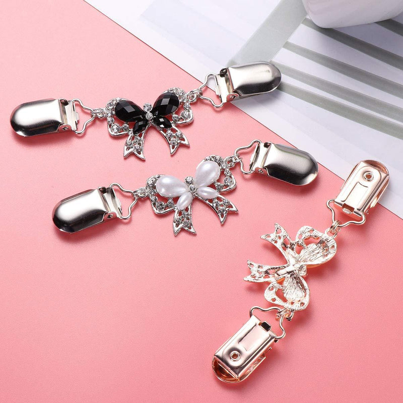 [Australia] - VALICLUD 3pcs Sweater Chain Creative Crystal Bowknot Sweater Clips Cardigan Clip for Dress Clothes (White, Black and Rose Gold) 