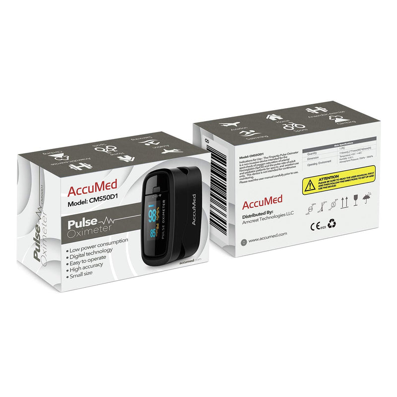 [Australia] - AccuMed CMS-50D1 Fingertip Pulse Oximeter Blood Oxygen Sensor SpO2 for Sports and Aviation. Portable and Lightweight with LED Display, 2 AAA Batteries, Lanyard and Travel Case (Black) 
