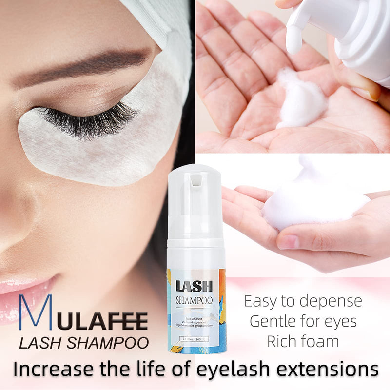 [Australia] - MULAFEE Eyelash Extension Cleanser, Lash Extension Shampoo Kit, Oils, Paraben & Sulfate Free Foaming 60 ML Eyelash Shampoo with Rinse Bottle and Soft Brush Safe for Salon Use and Home Care 