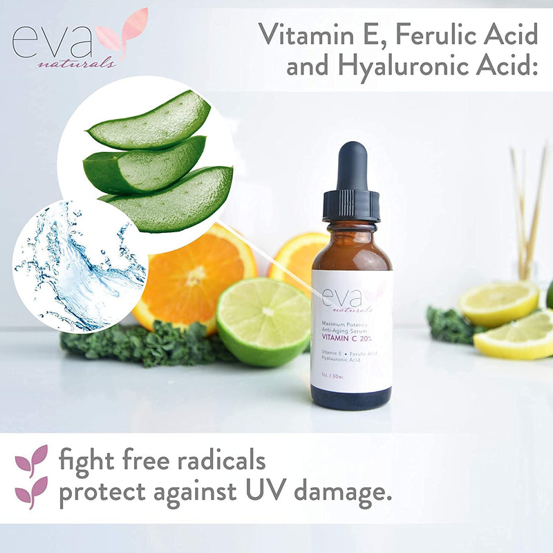 [Australia] - Eva Naturals Vitamin C Serum 20% for Face, Anti-Aging Formulation with Ferulic & Hyaluronic Acid, Vitamin E (30 ml) 
