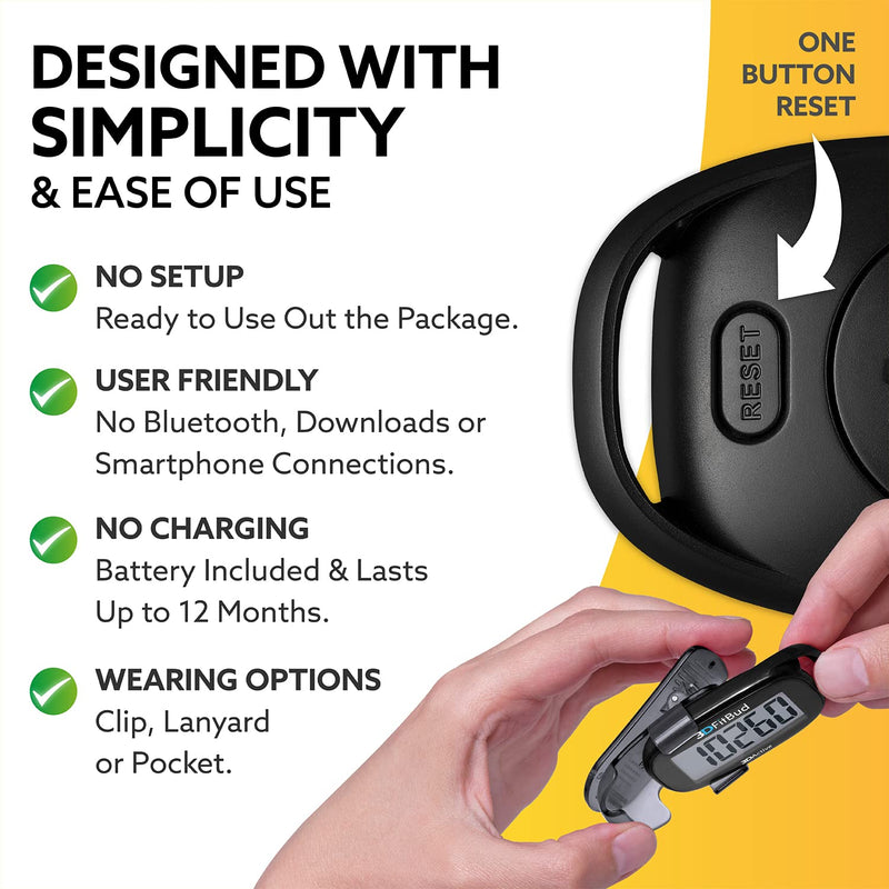 [Australia] - 3DFitBud Simple Step Counter Walking 3D Pedometer with Clip and Lanyard, A420S Black 