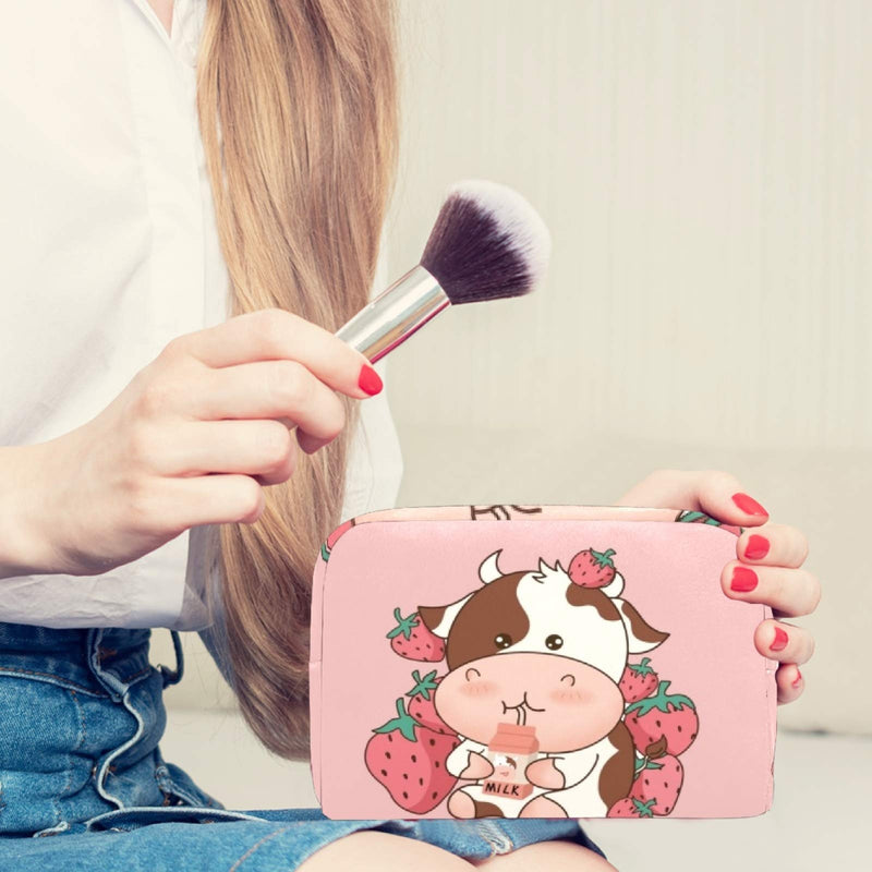 [Australia] - Strawberry Cow Pattern Cosmetic Travel Bag Large Capacity Reusable Makeup Pouch Toiletry Bag For Teen Girls Women 18.5x7.5x13cm/7.3x3x5.1in 