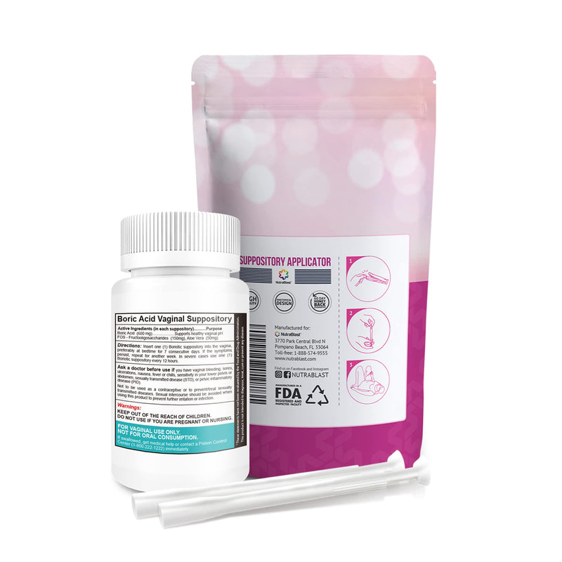 [Australia] - NutraBlast Boric Acid Vaginal Suppositories 800mg Complex w/FOS Prebiotic Enhancer & Aloe Vera w/Vaginal Applicator, 30 Suppositories & 15 Applicators - pH Balance, Feminine Care - Made in USA 