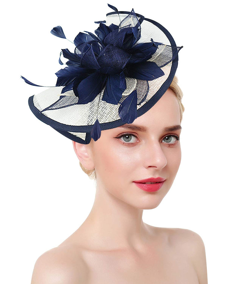 [Australia] - Z&X Sinamay Fascinator Kentucky Derby Church Hats for Women Floral Feather Tea Party Hat Bridal Headpiece with Headband Clip 006a Navy Blue and White 