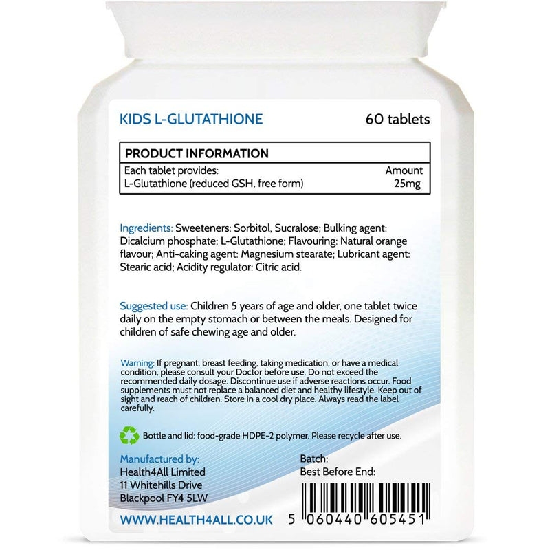 [Australia] - Kids L-Glutathione 25mg Chewable 60 Tablets Reduced Glutathione (GSH) Antioxidant for Children. Made in The UK by Health4All Kids 60 Count (Pack of 1) 