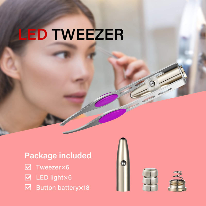 [Australia] - 6 Pieces Tweezers with LED Light, Stainless Steel Makeup LED Light Eyelash Eyebrow Hair Removal Tweezers Illuminating Lighted Tweezers for Precision Hair Removal Men Women, Red, Purple, Dark Blue 