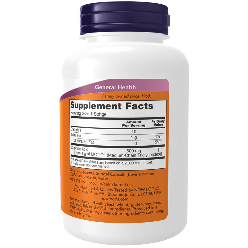 [Australia] - NOW Supplements, Caprylic Acid 600 mg, MCT (Medium-Chain Triglycerides), 100 Softgels 100 Count (Pack of 1) 