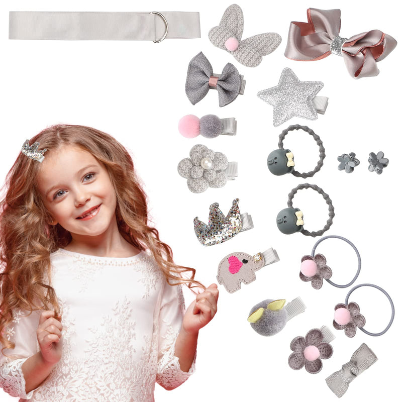 [Australia] - Girls Hair Accessories Gift Set, HQCM 18 Pieces Children Hair Clips Set for Christmas Birthday Gift, with Hairpins Ropes Bows Ties Barrettes Head Ornaments Silk Ribbon（Grey） Grey 