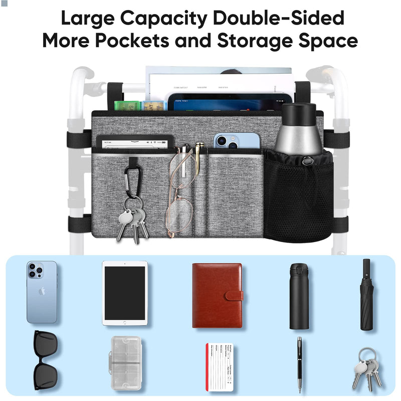 [Australia] - FINPAC Large Walker Tote Bag with Cup Holder, Folding Walker Attachment Hands-Free Storage Basket Mobility Aid Accessory Pouch for Elderly, Senior, Grey 