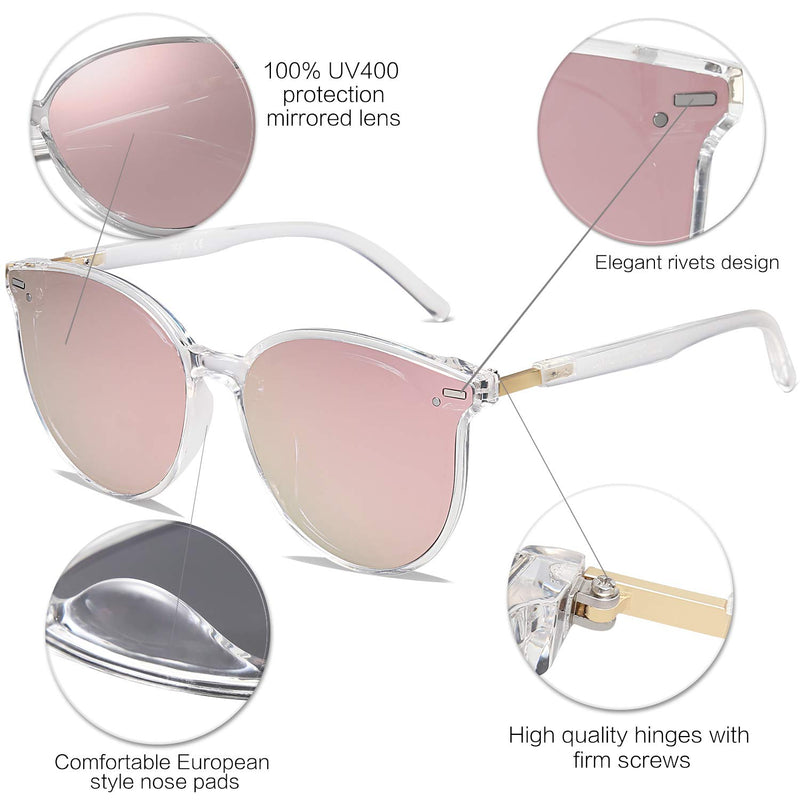 [Australia] - SOJOS Classic Round Retro Plastic Frame Vintage Large Sunglasses BLOSSOM SJ2067 C7 Crystal Frame/Pink Mirrored Lens Multicoloured 