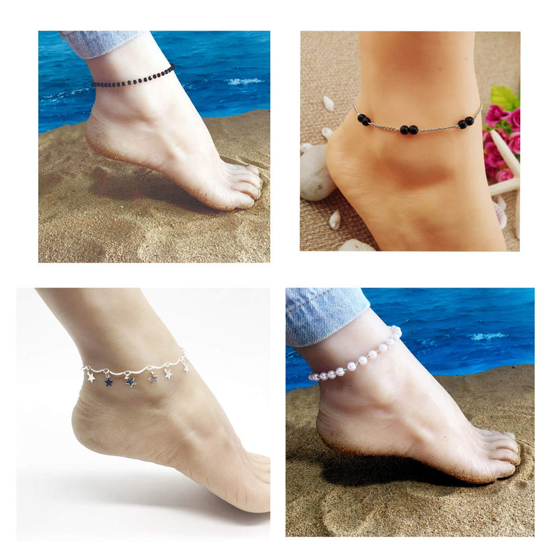 [Australia] - Softones 12Pcs Boho Silver Gold Small Beads Ankle Bracelets for Women Crystal Pearl Anklets Set for Girls Adjustable Chain Beach Foot Jewelry Silver Anklets 