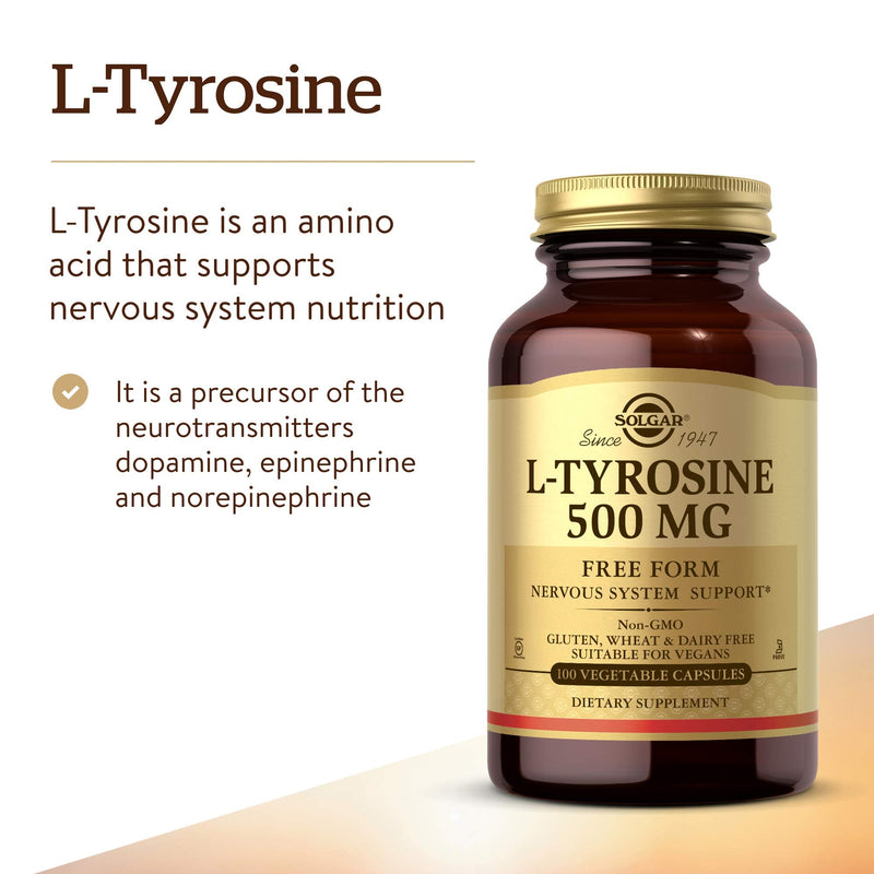 [Australia] - Solgar L-Tyrosine 500 mg, 100 Vegetable Capsules - Brain & Nervous System Support - Vegan, Gluten Free, Dairy Free, Kosher - 100 Servings 