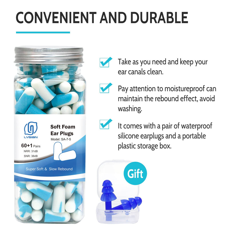 [Australia] - Soft Foam Earplugs 60 Pairs, 38dB SNR Comfortable Ear Plugs for Sleeping, Snoring, Shooting, Mowing, and All Loud Noise by Lysian, Light Blue/White 