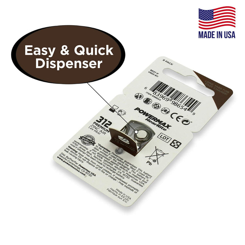 [Australia] - Powermax Size 312 Hearing Aid Batteries, Brown Tab, Made In the USA, 64-Count Size 312 (64 Count) 
