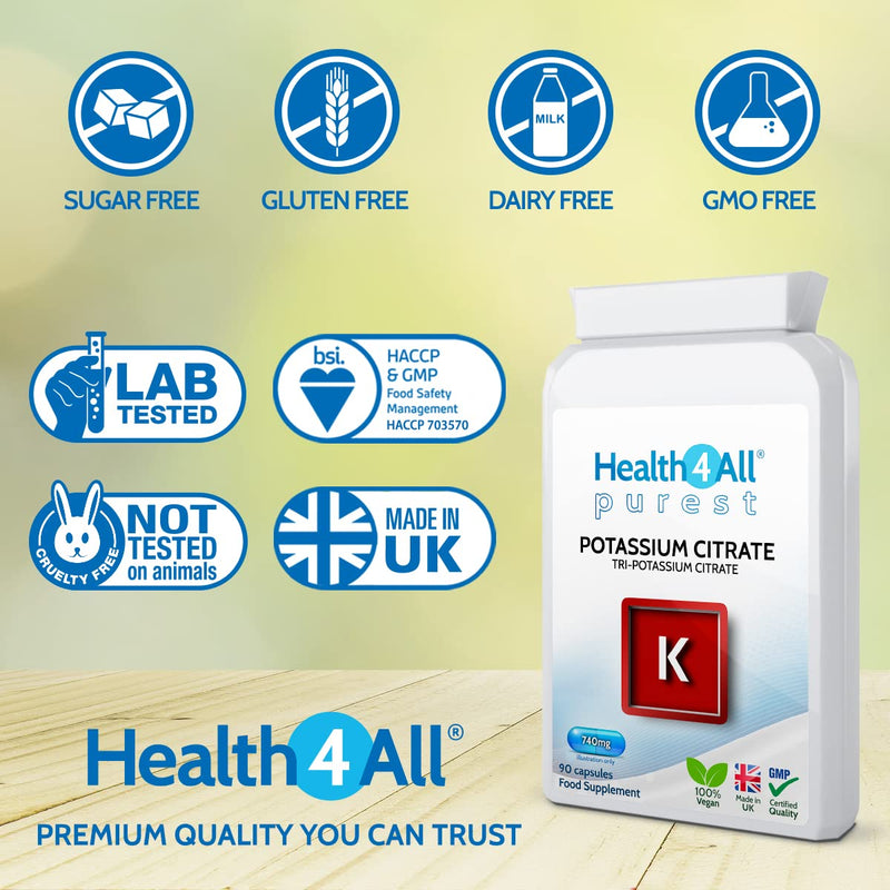 [Australia] - Potassium Citrate 740mg 90 Capsules (V) High Elemental Potassium. Purest: no additives. Vegan. Made by Health4All 90 Count (Pack of 1) 