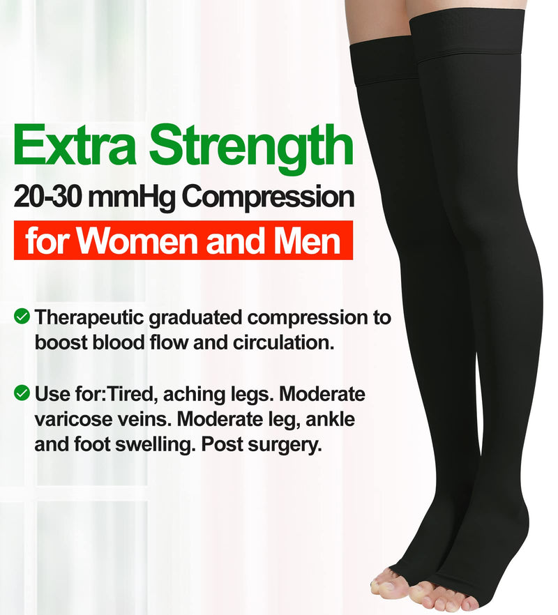 [Australia] - Thigh High Compression Stockings, Open Toe, Pair, Firm Support 20-30mmHg Gradient Compression Socks with Silicone Band, Unisex, Opaque, Best for Spider & Varicose Veins, Edema, Swelling, Black XXL 2X-Large 