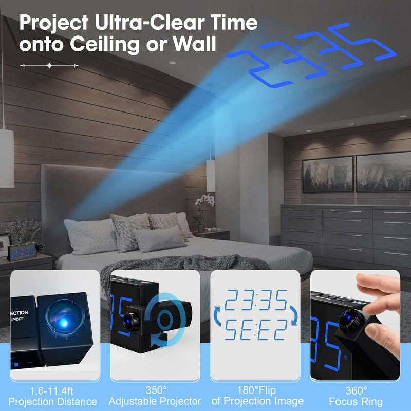 [Australia] - Digital Projection Alarm Clock for Bedroom, Large LED Alarm Clock with Projection on Ceiling Wall, 350°Projector,Dimmer,USB Charger, Battery Backup Loud Dual Alarm Clock for Heavy Sleeper Kids Elderly Blue Digits; Blue Projection 