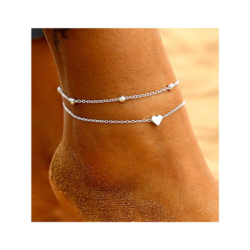 [Australia] - Beads Heart Anklet Cute Ankle Bracelets for Women Gold Silver Anklets for Women Beach Foot Chain for Teen Girls A：silver 