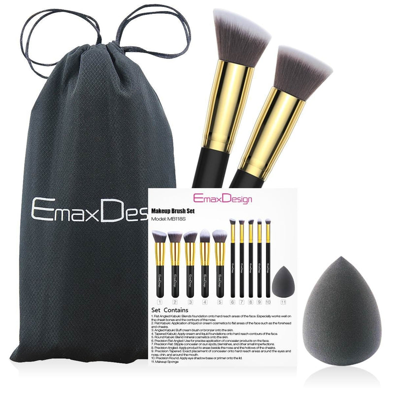 [Australia] - EmaxDesign 10+1 Pieces Makeup Brush Set, 10 Pieces Professional Foundation Blending Blush Eye Face Liquid Powder Cream Cosmetics Brushes & 1 Piece Black Beauty Sponge Blender 