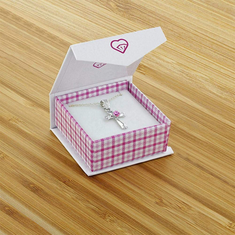 [Australia] - 925 Sterling Silver Cross Cubic Zirconia Necklace Pendant for Girls 16" Pink CZ 