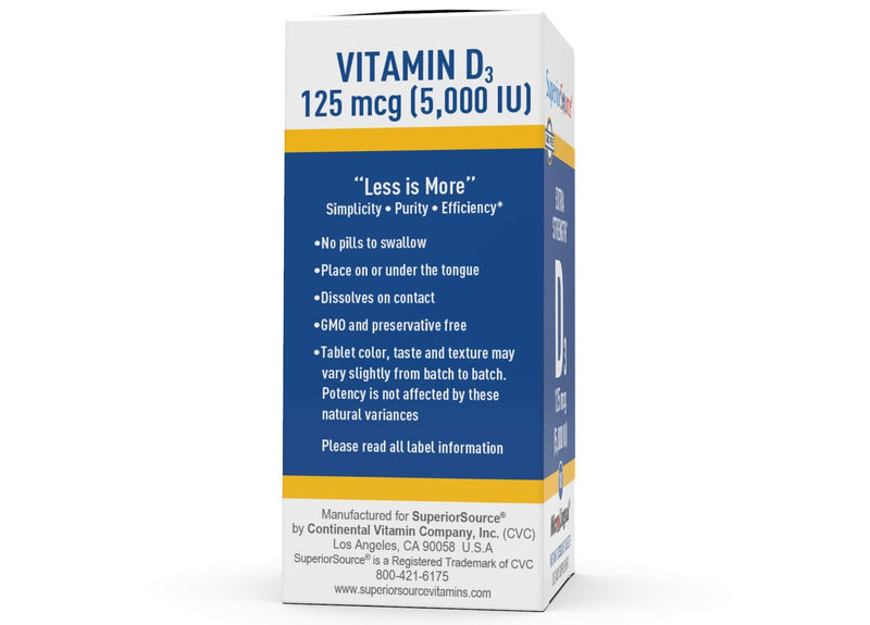 [Australia] - Superior Source Vitamin D3 5000 IU, Under The Tongue Quick Dissolve Sublingual Tablets, 100 Count, Promotes Strong Bones and Teeth, Immune Support, Non-GMO Vitamin D 125mcg (5,000 IU) 