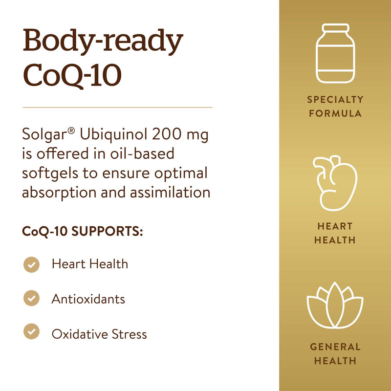 [Australia] - Solgar Ubiquinol 200 mg (Reduced CoQ-10), 30 Softgels - Promotes Heart & Brain Function - Supports Healthy Aging - Coenzyme Q10 - Ubiquinone Supplement - Gluten Free, Dairy Free - 30 Servings 30 Count (Pack of 1) 