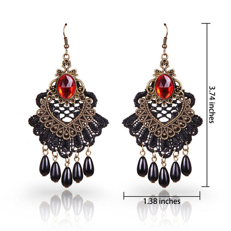 [Australia] - ETERNITY J. Elegant Vintage Black Lace Victorian Lolita Gothic Pendant Choker Necklace Earrings Set Red 