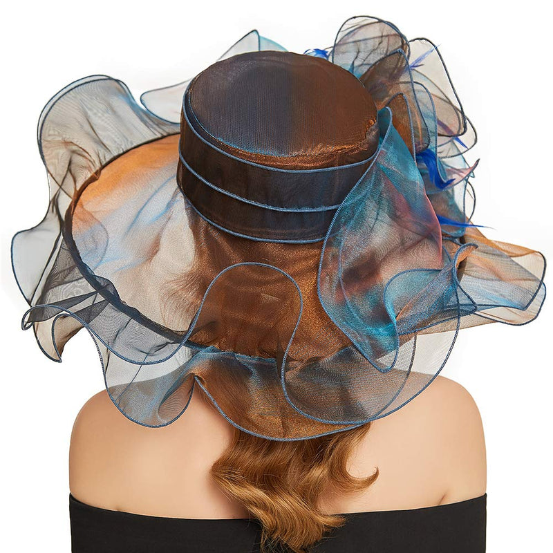 [Australia] - F FADVES Women Oganza Sun Hat Church Kentucky Derby Wide Brim Wedding Formal Fascinator Hat Blue & Coffee 