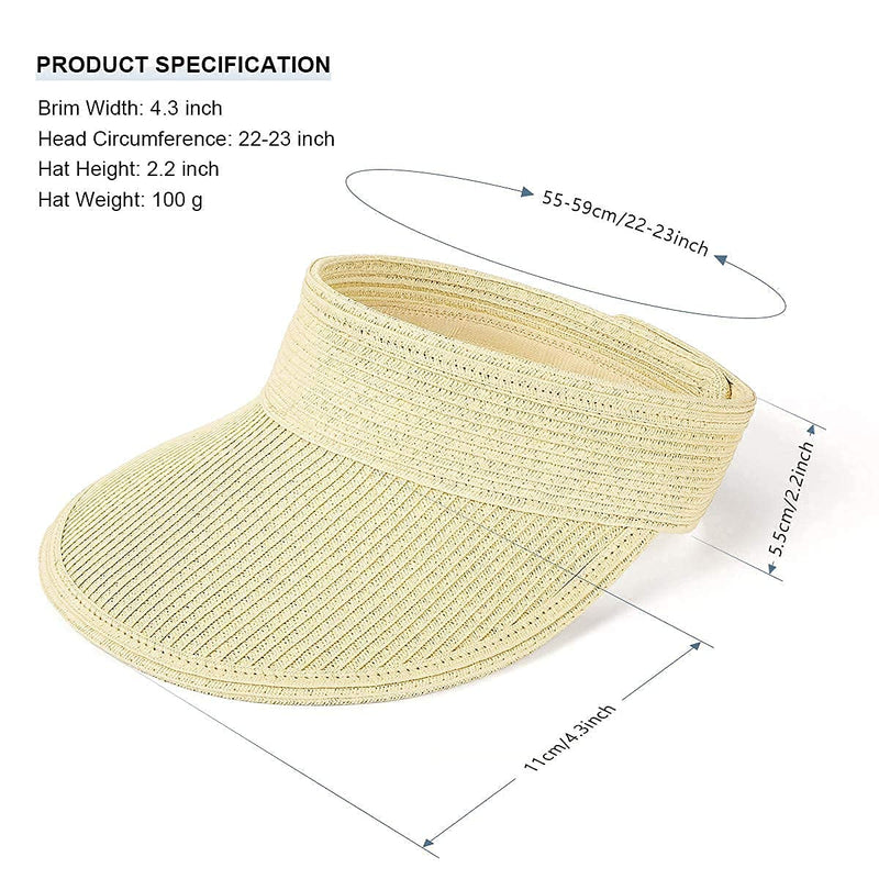 [Australia] - Straw Visor Hats for Women, Foldable Wide Brim Roll-up Beach Ponytail Hats Sun Protection for Golf Beige 