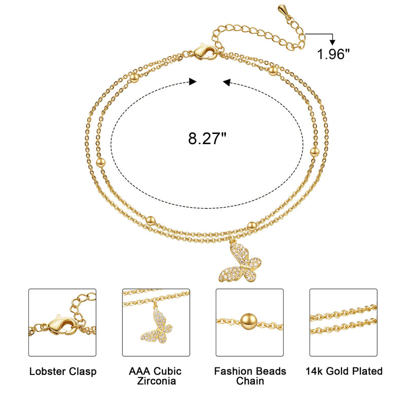 [Australia] - Ldurian Layered Initial Heart Anklet for Women, Personalized 14K Gold Plated Little Cute Heart Letter Ankle Bracelet, Dainty Foot Jewelry, Summer Boho Beach Foot Chain, Gift for Her 01 Butterfly Layered Anklet 