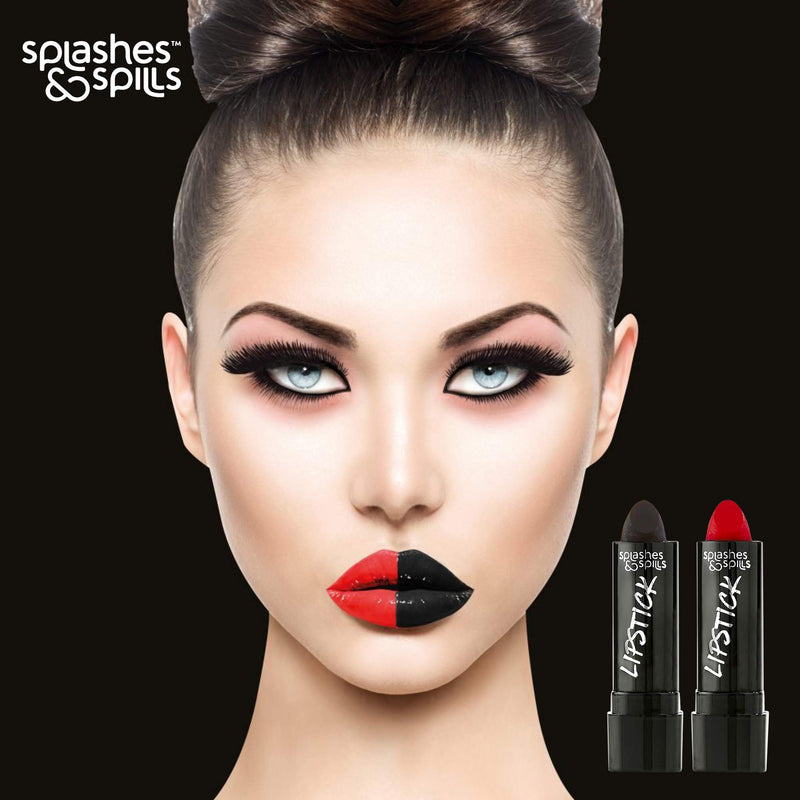 [Australia] - Vivid Black and Red Lipstick - 2 Pack Combo - Bold, Translucent, No Sheen Lip Color With Matte Finish - Makeup and Cosmetics by Splashes & Spills 1 Midnight Black & 1 Scarlet Red 