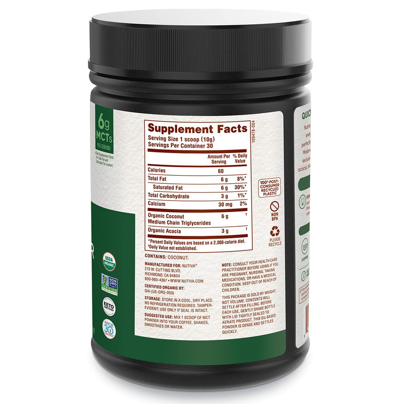 [Australia] - Nutiva Organic MCT Powder with Prebiotic Acacia Fiber, Classic, 10.6 Oz, USDA Organic, Non-GMO, Non-BPA, Vegan, Gluten-Free, Keto & Paleo, Instant Beverage or Boost to Coffee & Smoothies Unflavored 10.6 Ounce (Pack of 1) 
