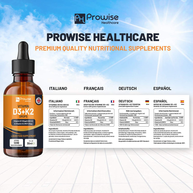 [Australia] - Vitamin D3 4000iu + K2 MK7 25�g I Orange Liquid Drops I High Strength 4000iu D3 + 25�g K2-30ml Bottle I Fast Absorption I 1200 Vegetarian Drops - Made in UK by Prowise Healthcare 