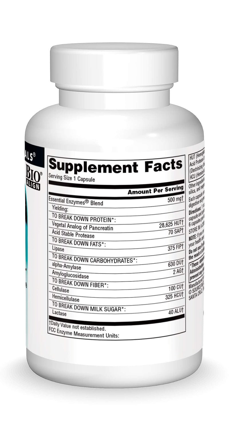 [Australia] - Source Naturals Essential Enzymes 500mg Bio-Aligned Multiple Enzyme Supplement Herbal Defense for Digestion, Gas, Constipation & Bloating Relief - Supports A Strong Immune System - 60 Capsules 
