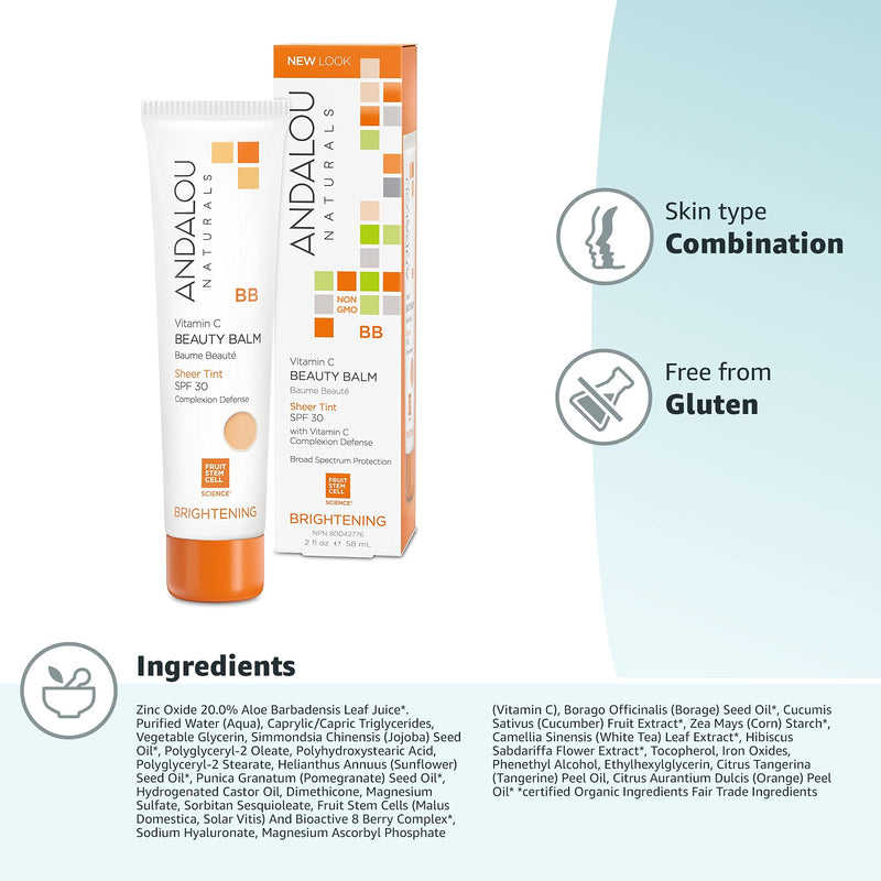[Australia] - Andalou Naturals Vitamin C BB Beauty Balm Sheer Tint SPF 30 Ounce, 2 Fl Oz Vitamin C - Brightening 