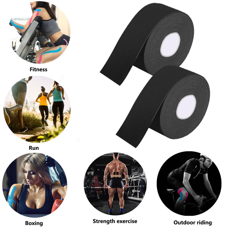 [Australia] - FOU Kinesiology Recovery Therapeutic Tape, Waterproof Muscle Support for Athlete,Sports Injury Tape 1 inch x 16.4 ft / 2.5cm x 5m Black 2 rolls 