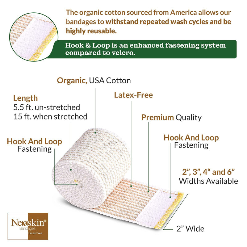 [Australia] - Nexskin (2” Wide, 1 Pack) | Latex Free Organic USA Cotton | Stretch Elastic Athletic/Medical Compression Bandage Hook & Loop Fasteners Both Ends | Lifetime Washable Reusable 2 Inch (Pack of 1) 