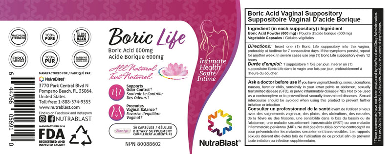 [Australia] - NutraBlast Boric Acid Vaginal Suppositories 600mg w/ Applicator, 30 Suppositories & 15 Applicators - Feminine Care - Made in USA 