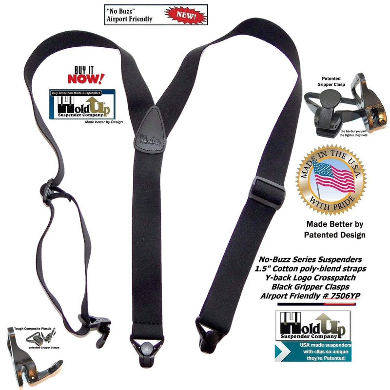 [Australia] - Holdup Suspender Company's No-buzz Airport Friendly All Black Y-back Suspenders with Patented composite plastic Gripper Clasps 