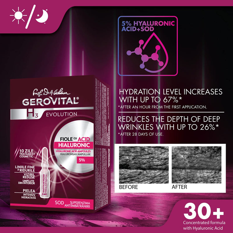 [Australia] - Gerovital H3 Evolution, Anti-wrinkle face ampoules for intensive hydration, with 5% hyaluronic acid, for all skin types, 20 ml x 10 vials 