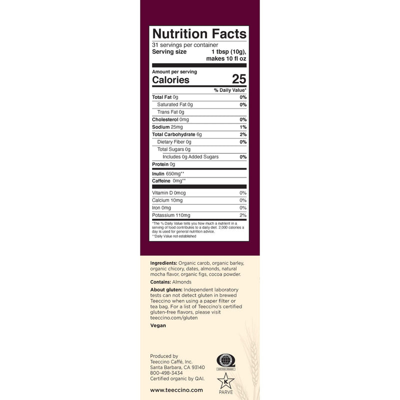 [Australia] - Teeccino Chicory Coffee Alternative - Mocha - Ground Herbal Coffee That’s Prebiotic, Caffeine-Free & Acid Free, Medium Roast, 11 Ounce 