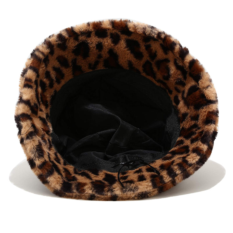 [Australia] - Umeepar Winter Faux Fur Bucket Hat Fluffy Warm Hat for Women Men Small Leopard Print Camel 