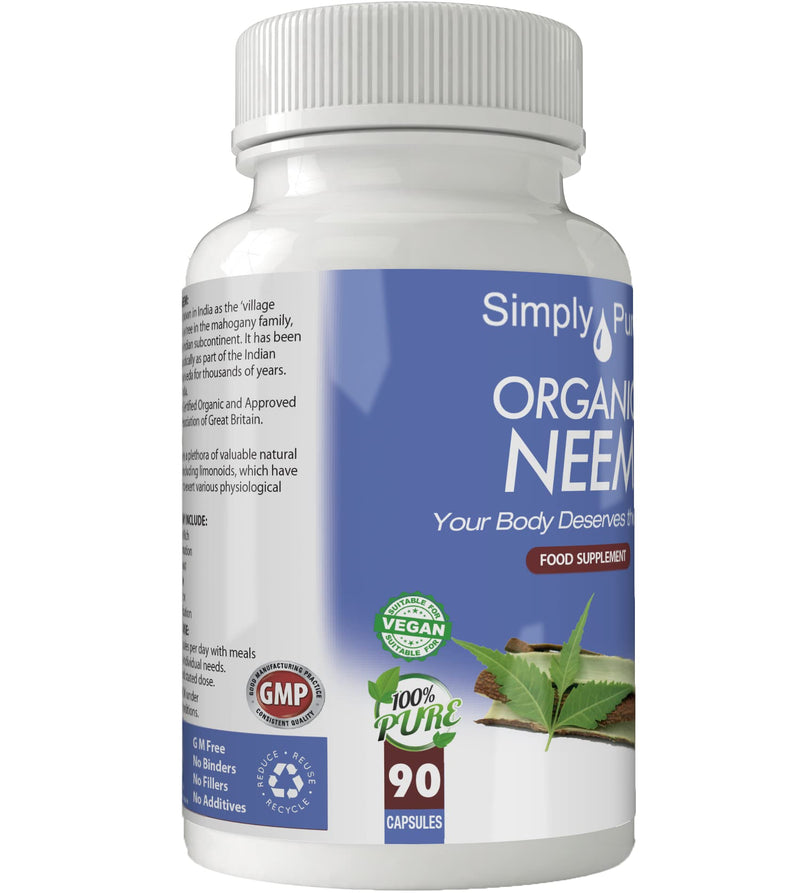 [Australia] - Simply Pure Organic Neem Capsules x 90, 500mg, 100% Natural Soil Association Certified, Gluten Free, GM Free and Vegan. 
