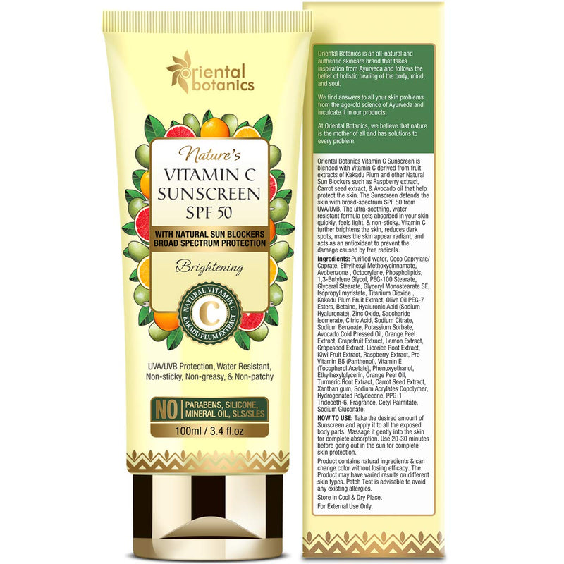 [Australia] - Oriental Botanics Nature's Vitamin C Brightening Sunscreen SPF 50 With Natural Sun Blockers - UVA/UVB Protection, Water Resistant - No Silicone,100ml 