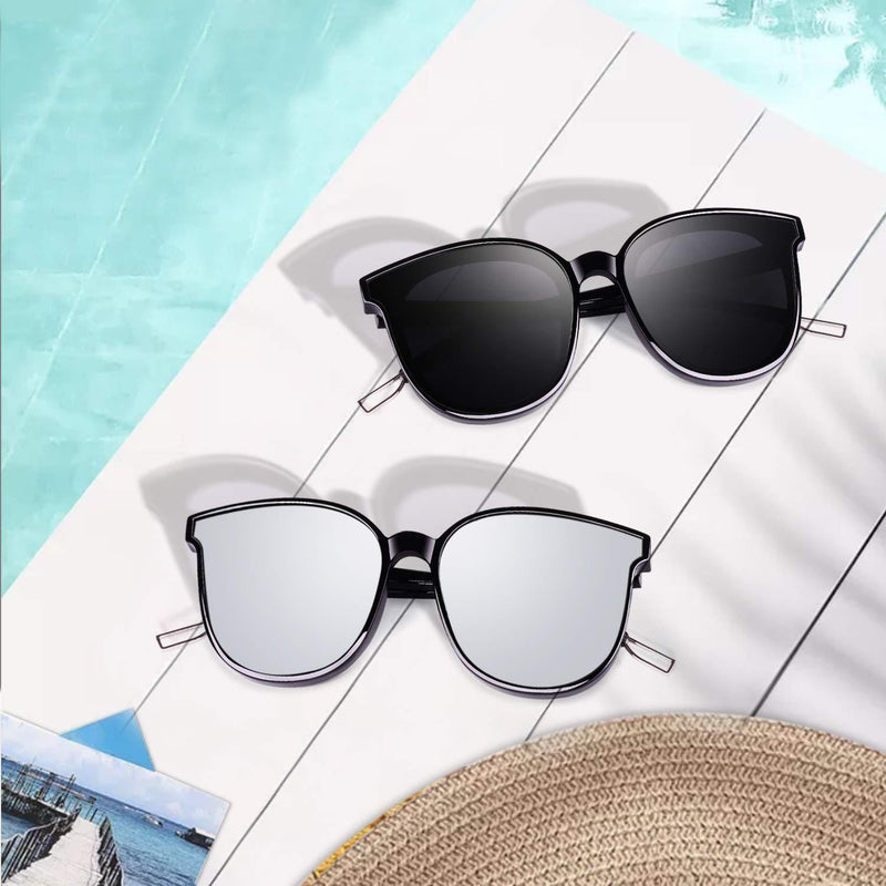 [Australia] - CGID Designer Polarised Womens Sunglasses Oversized Big Frame Ladies Sunglasses UV Protection Round Black Silver Mirrored 