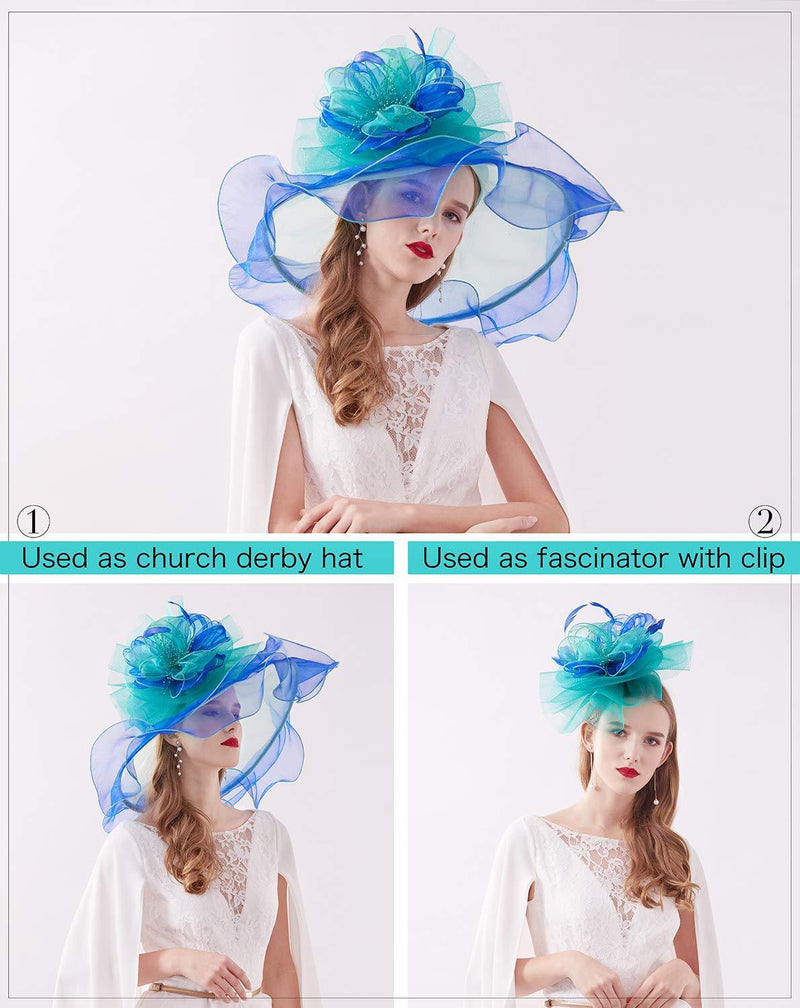 [Australia] - Z&X Women's Organza Fascinators Kentucky Derby Hat Wide Brim Bridal Wedding Caps #B Green and Blue 